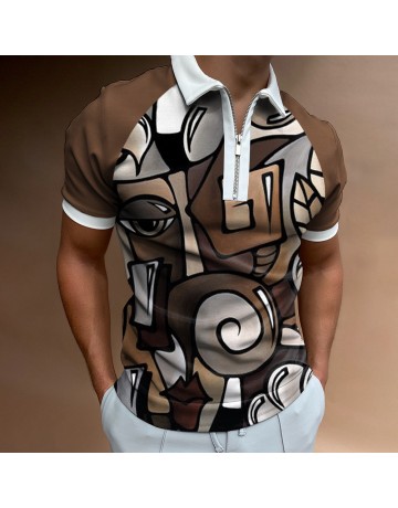 Men's Casual Abstract Pattern Print Short Sleeve Zipper Polo Shirt