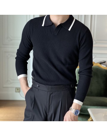 Simple Lapel Contrast Color Knit Polo Shirt